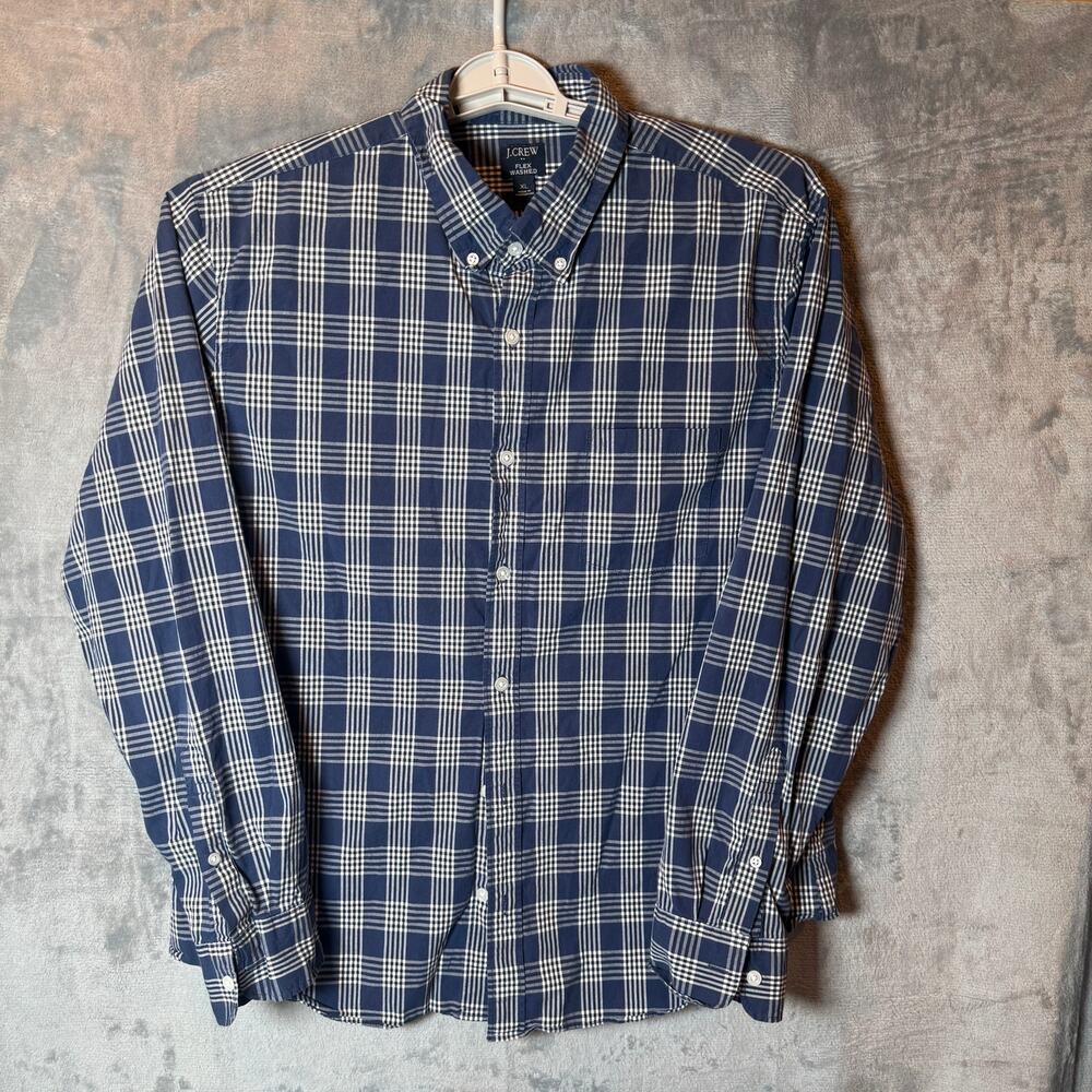 J.Crew Flex Washed Shirt Mens XL Navy Plaid Slim Untucked Stretch Button Up